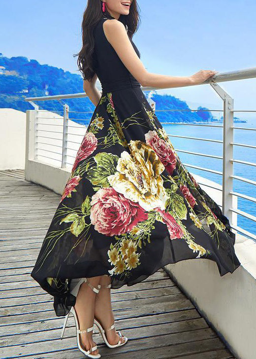 Black V Neck Print Chiffon Maxi Dress Sleeveless AS1042