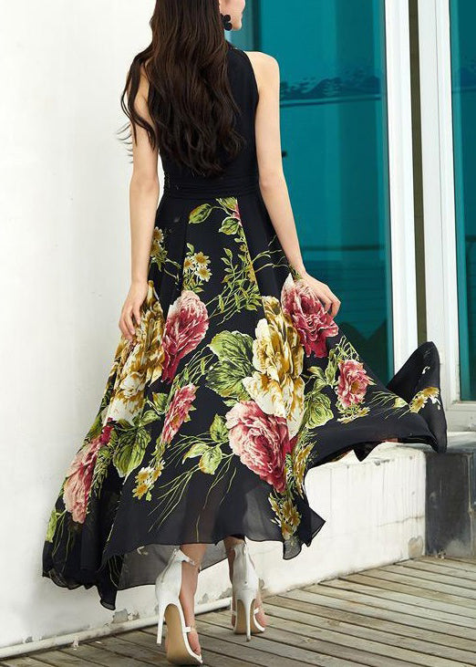 Black V Neck Print Chiffon Maxi Dress Sleeveless AS1042