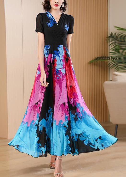 Black V Neck Print High Waist Chiffon Maxi Dresses for Summer