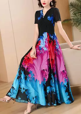 Black V Neck Print High Waist Chiffon Maxi Dresses for Summer