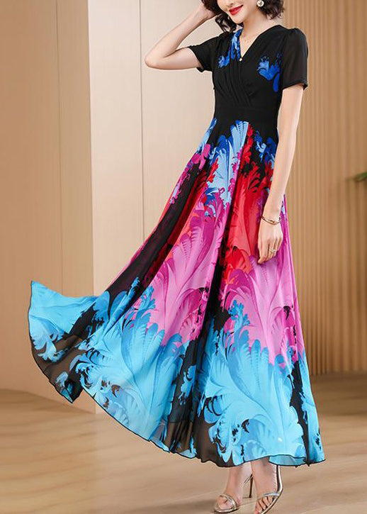 Black V Neck Print High Waist Chiffon Maxi Dresses for Summer