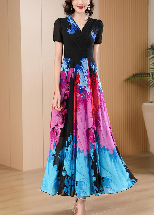 Black V Neck Print High Waist Chiffon Maxi Dresses for Summer