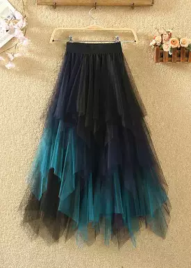 Blue Patchwork Tulle Skirts with Asymmetrical Elastic Waist for Summer | AS1087