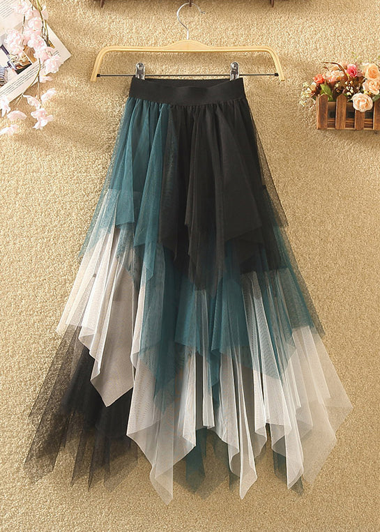 Blue Patchwork Tulle Skirts with Asymmetrical Elastic Waist for Summer | AS1087