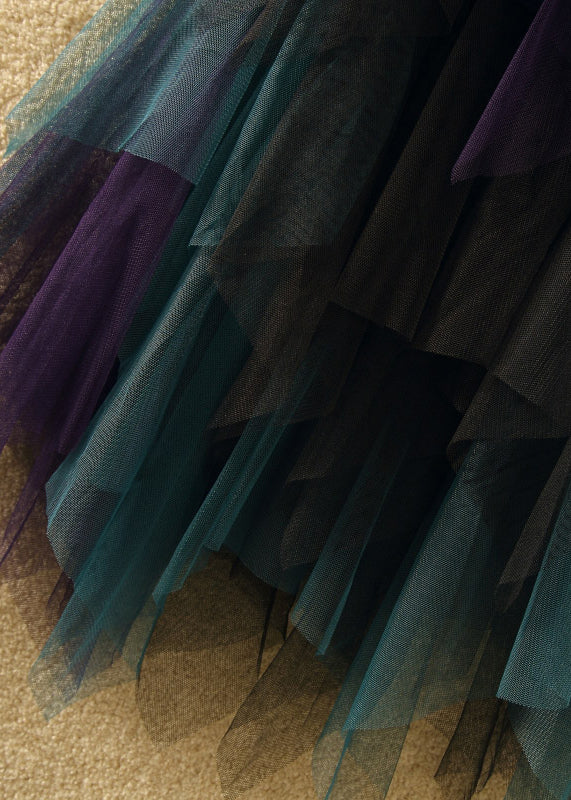 Blue Patchwork Tulle Skirts with Asymmetrical Elastic Waist for Summer | AS1087