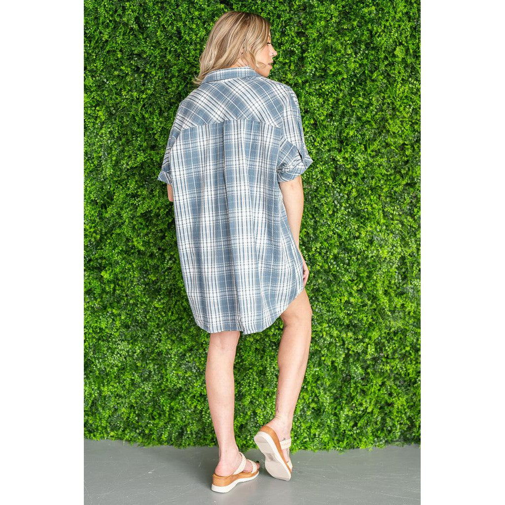 Chambray Plaid Button Dress - Sizes S to 2X