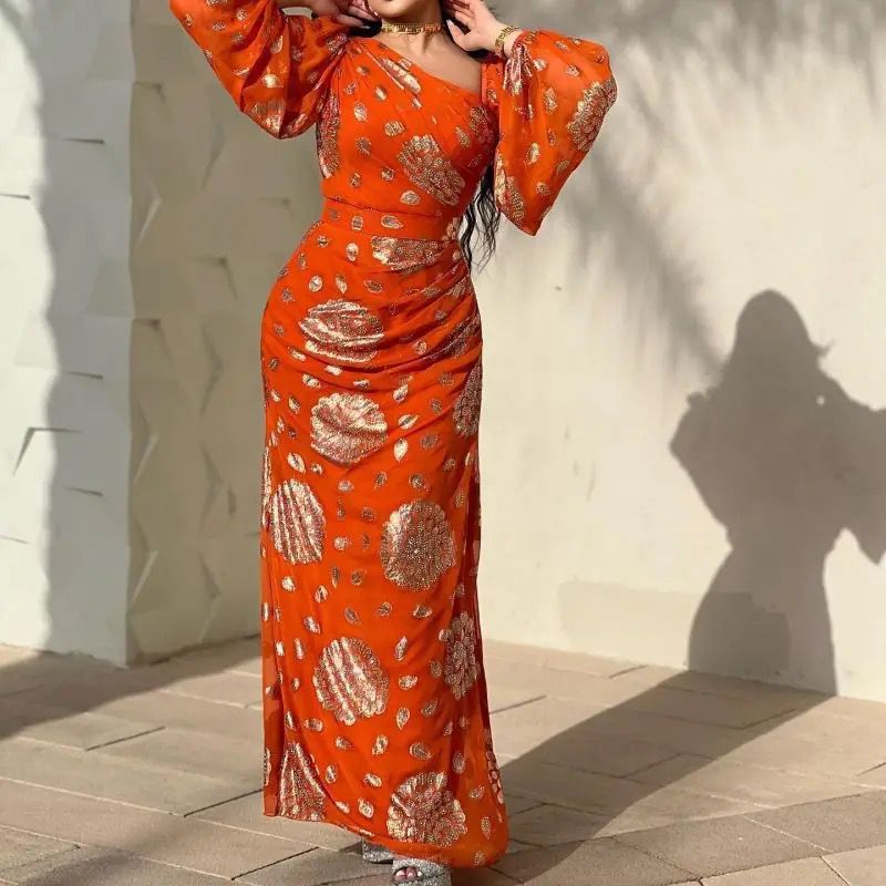 Chiffon Orange Maxi Dress - Slim Fit, Empire Waist - Elegant Spring Summer Design