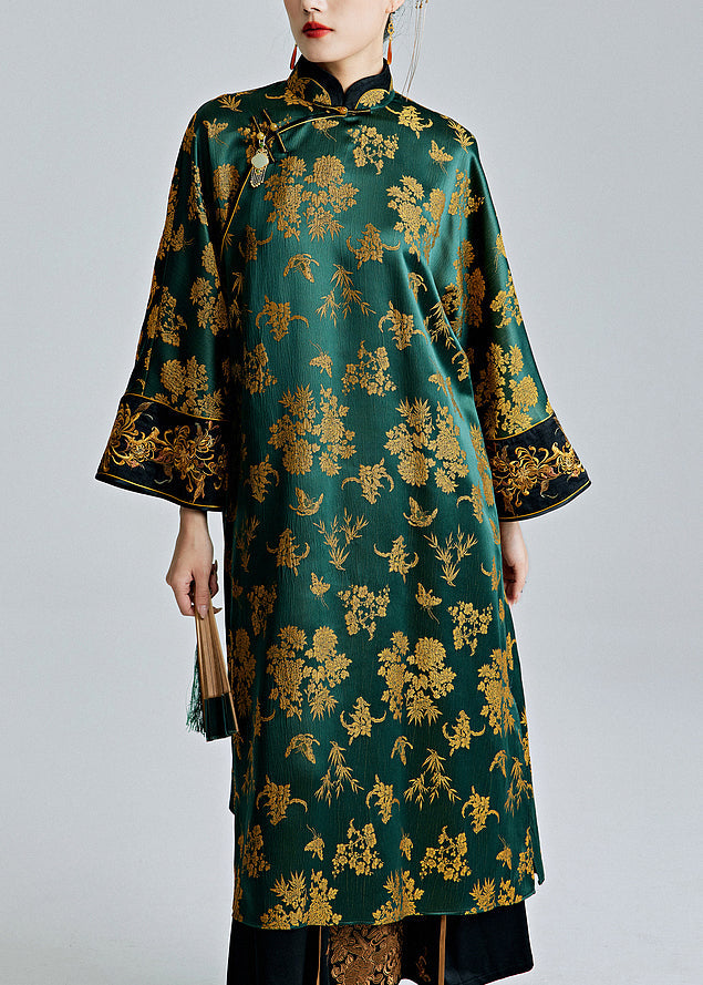 Chinese Green Stand Collar Jacquard Silk Dresses - QA1059