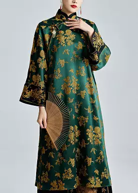 Chinese Green Stand Collar Jacquard Silk Dresses - QA1059