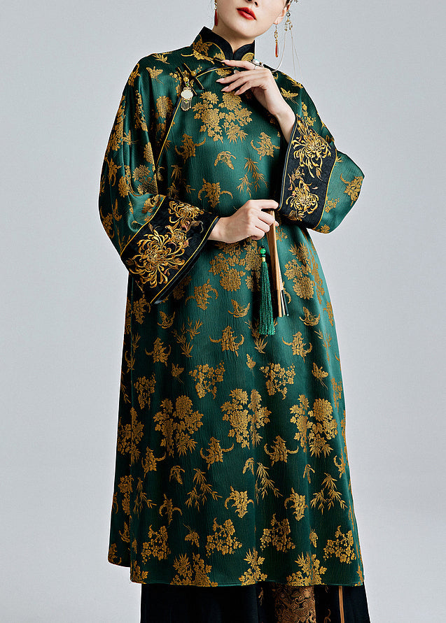 Chinese Green Stand Collar Jacquard Silk Dresses - QA1059