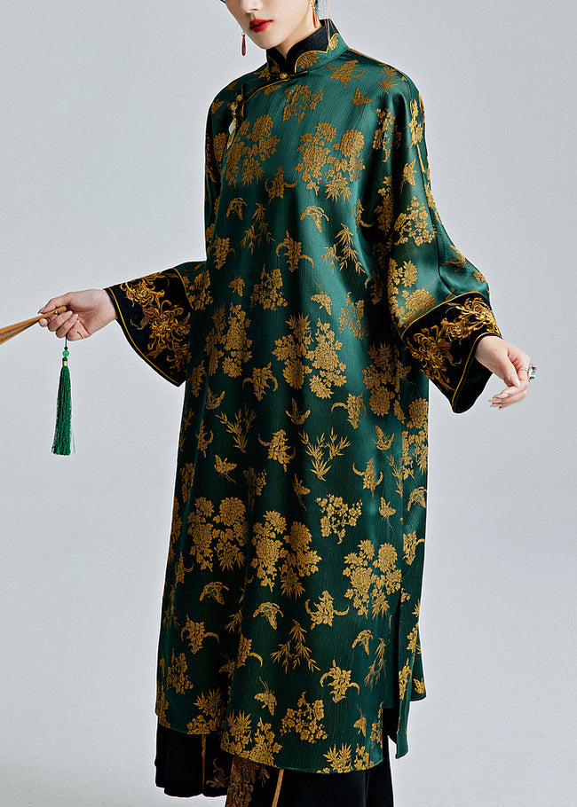 Chinese Green Stand Collar Jacquard Silk Dresses - QA1059