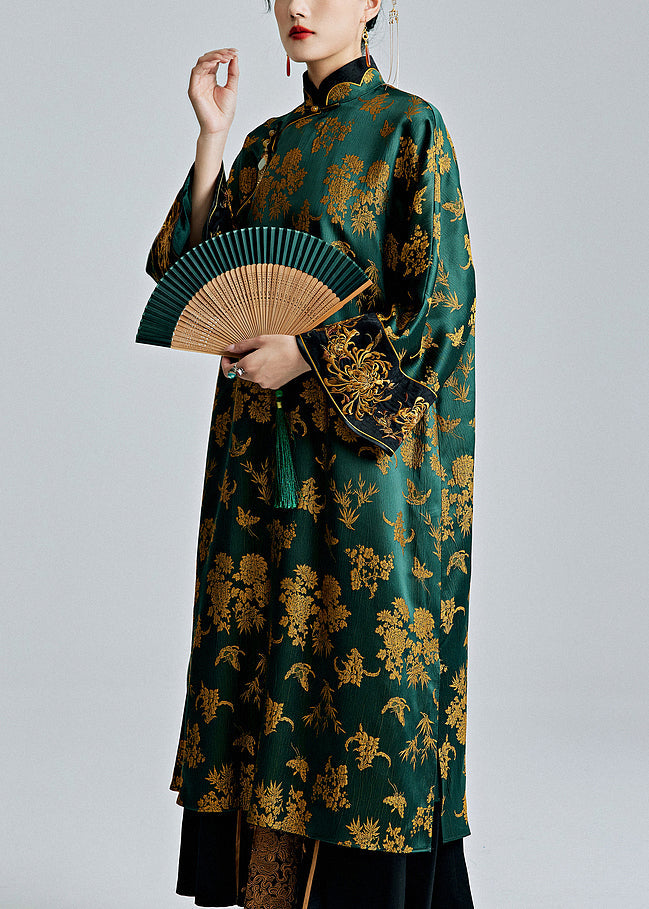 Chinese Green Stand Collar Jacquard Silk Dresses - QA1059