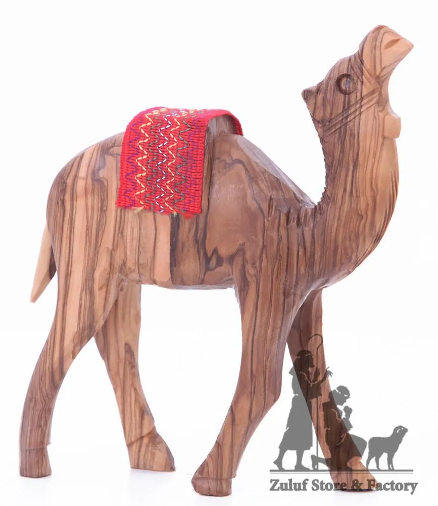 Christian Olive Wood Camel Figure with Handmade Red or Green Saddle - 14.5cm (ANI001)