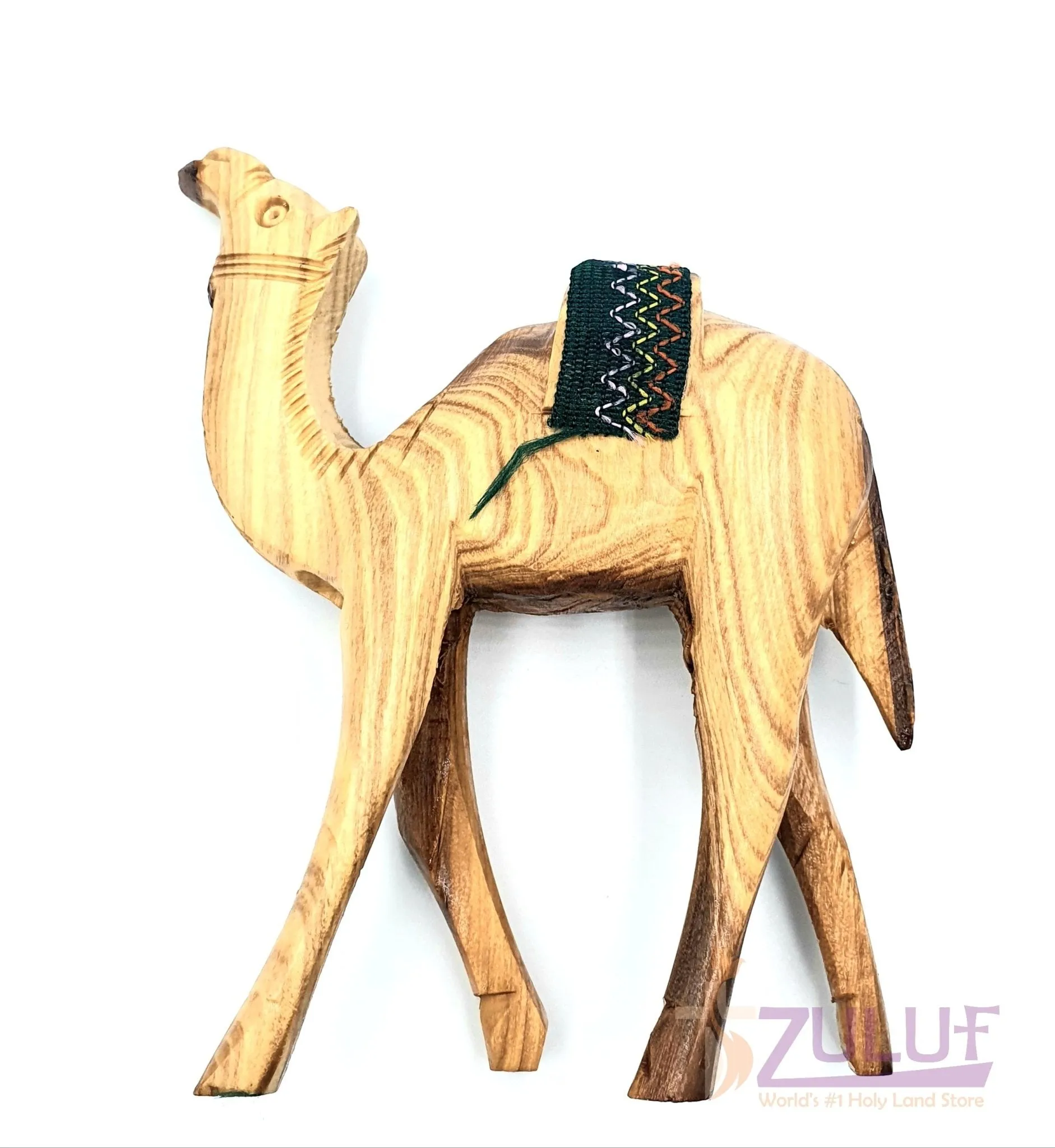 Christian Olive Wood Camel Figure with Handmade Red or Green Saddle - 14.5cm (ANI001)