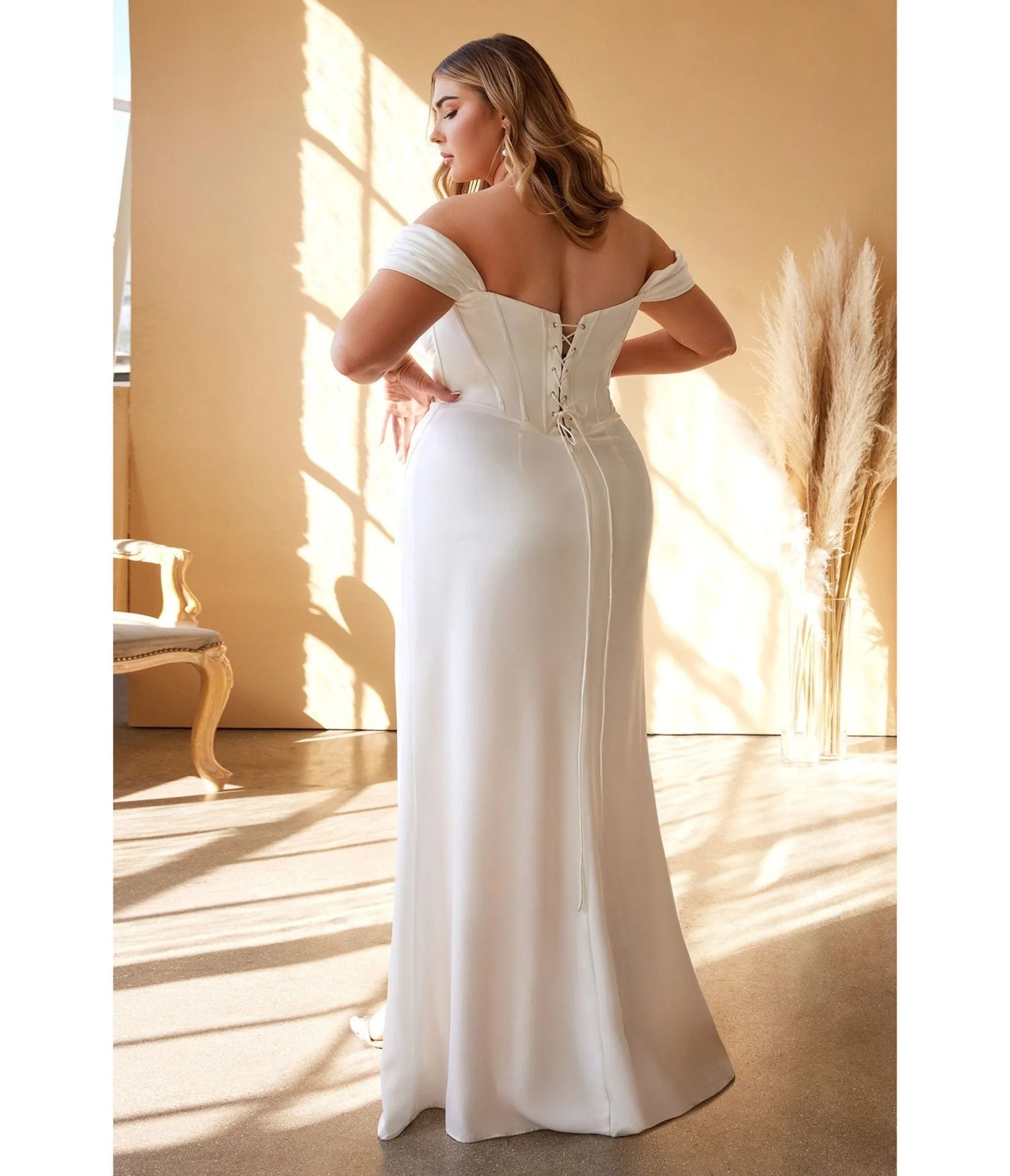 Cinderella Divine White Off Shoulder Corset Satin Bridal Gown for Plus Size