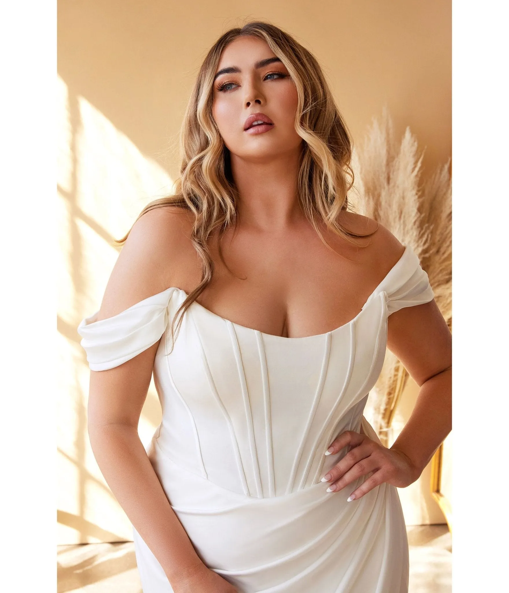 Cinderella Divine White Off Shoulder Corset Satin Bridal Gown for Plus Size