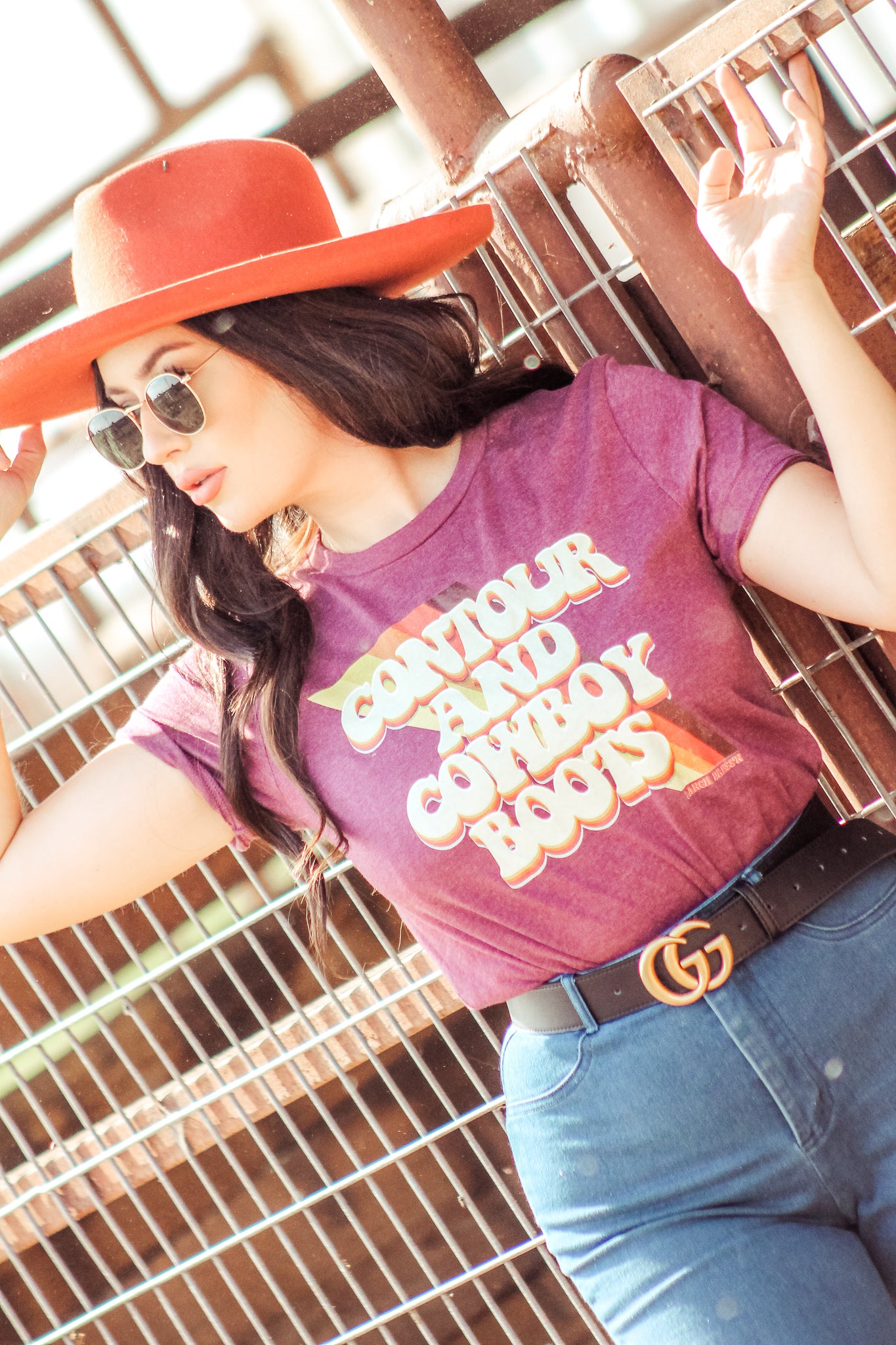 Contour Maroon Tee with Cowboy Boots