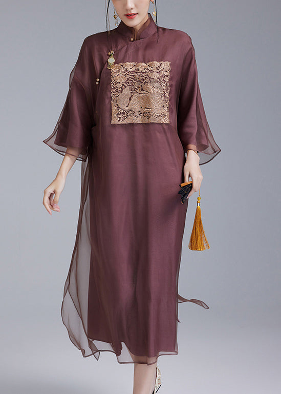 Dark Purple Embroidered Button Chinese Silk Dresses for Spring | QA1011