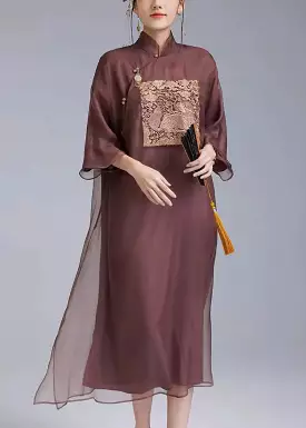 Dark Purple Embroidered Button Chinese Silk Dresses for Spring | QA1011