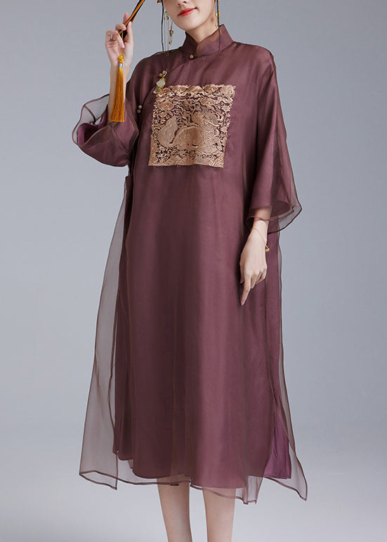 Dark Purple Embroidered Button Chinese Silk Dresses for Spring | QA1011