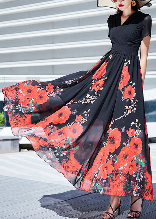 Elegant Black V Neck Print Wrinkled Chiffon Dress Summer