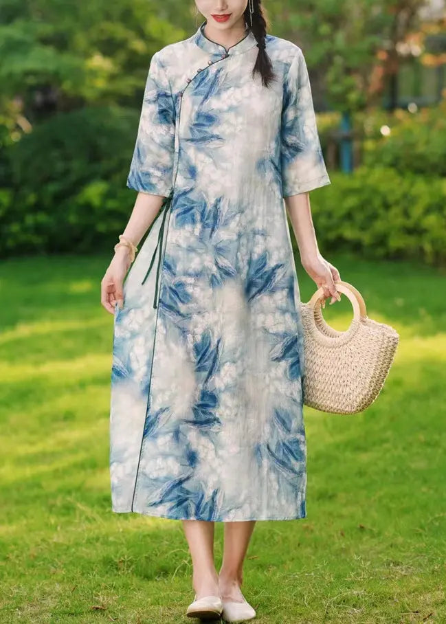 elegant blue button print lace-up linen long dresses for summer