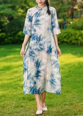 elegant blue button print lace-up linen long dresses for summer