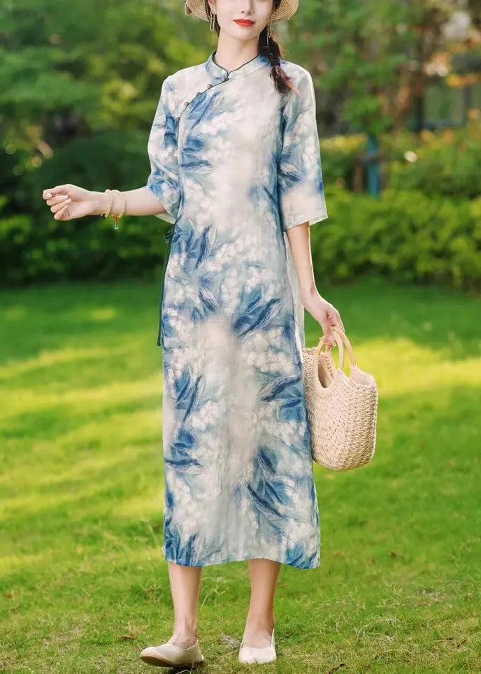 elegant blue button print lace-up linen long dresses for summer