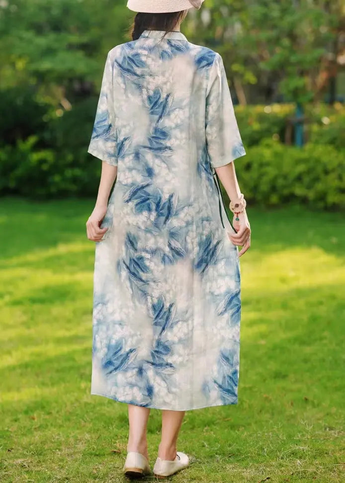 elegant blue button print lace-up linen long dresses for summer