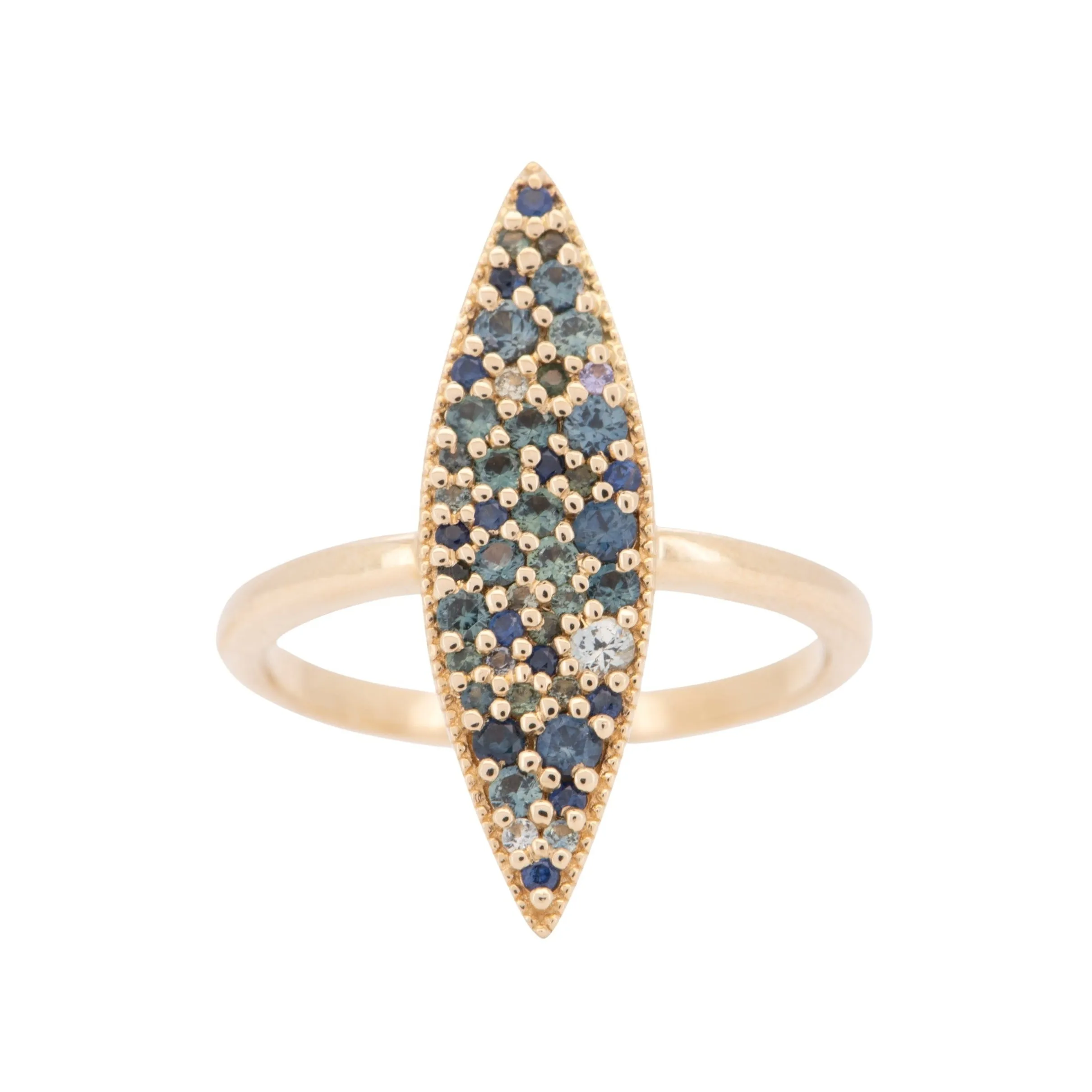 Elongated Navette Ring, Cluster Sapphire, 14K Gold. R6707.