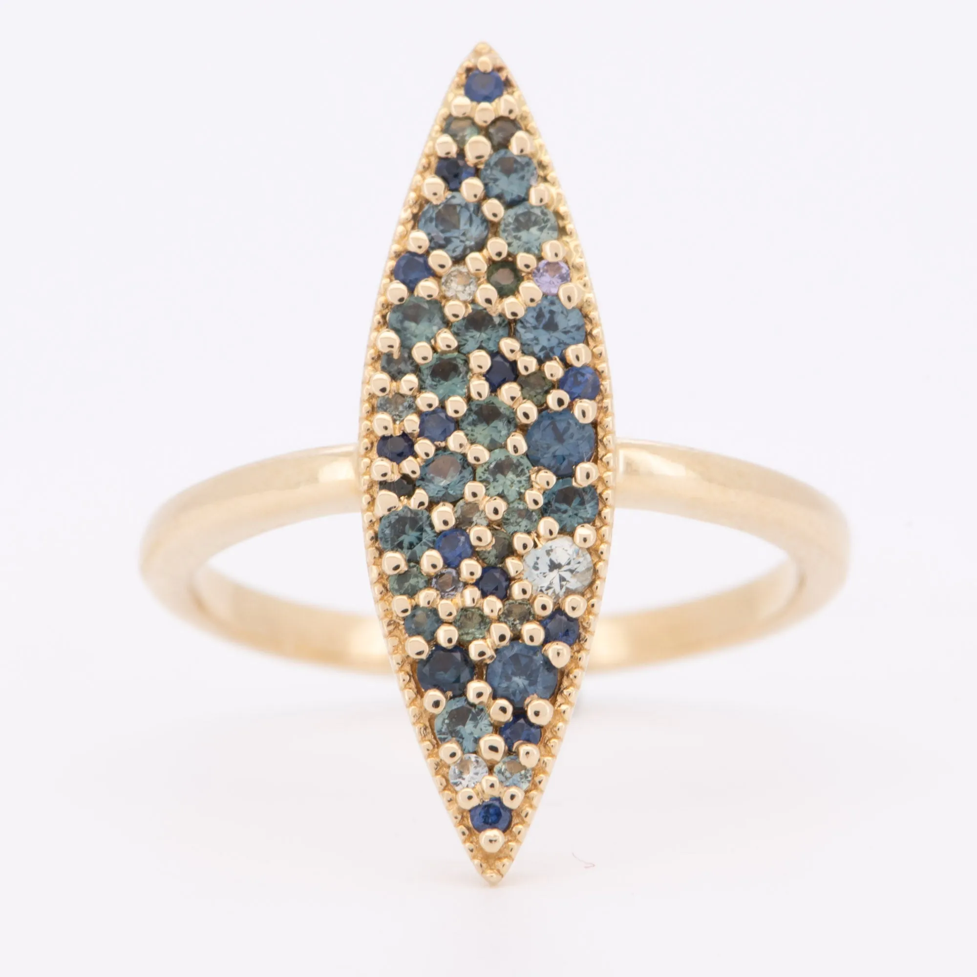 Elongated Navette Ring, Cluster Sapphire, 14K Gold. R6707.