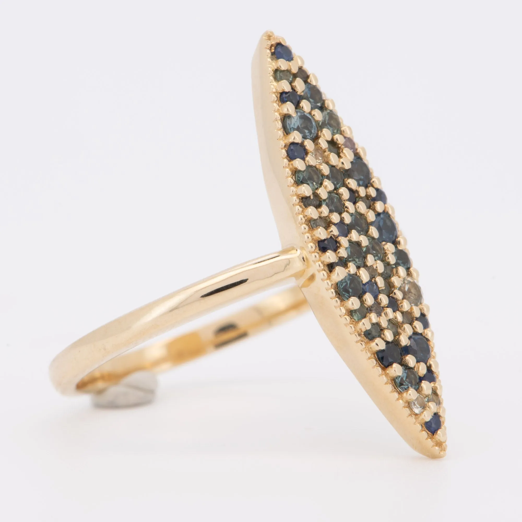 Elongated Navette Ring, Cluster Sapphire, 14K Gold. R6707.