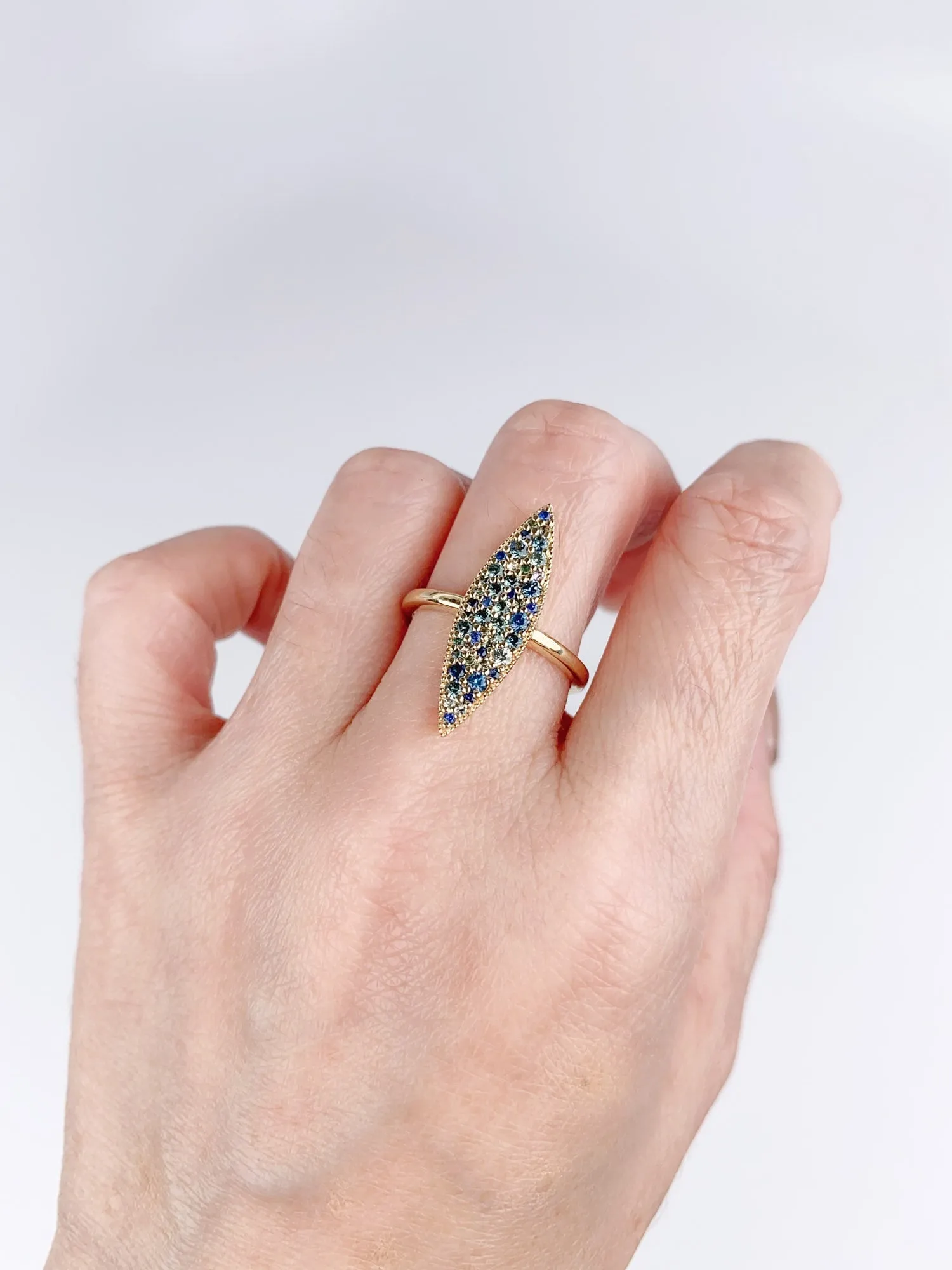 Elongated Navette Ring, Cluster Sapphire, 14K Gold. R6707.