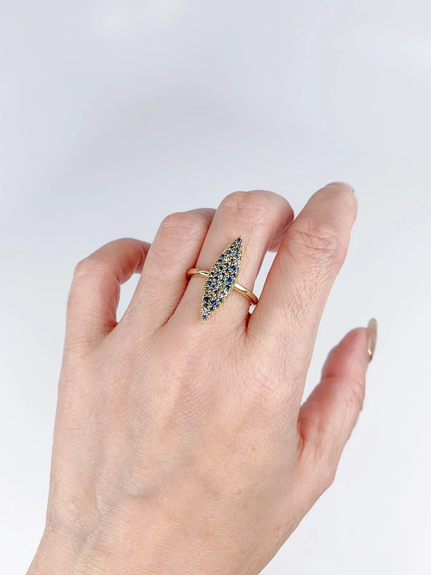 Elongated Navette Ring, Cluster Sapphire, 14K Gold. R6707.