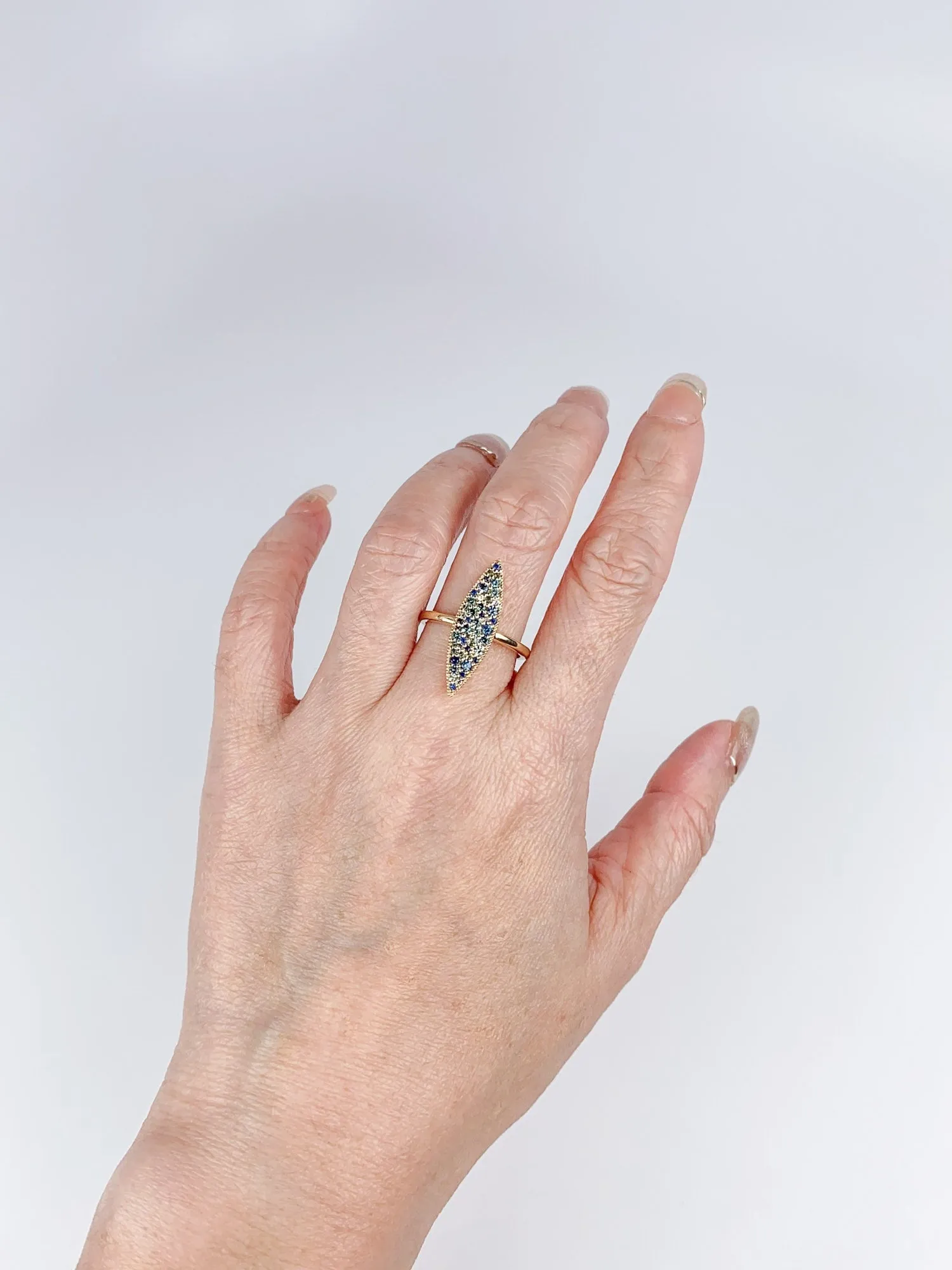 Elongated Navette Ring, Cluster Sapphire, 14K Gold. R6707.