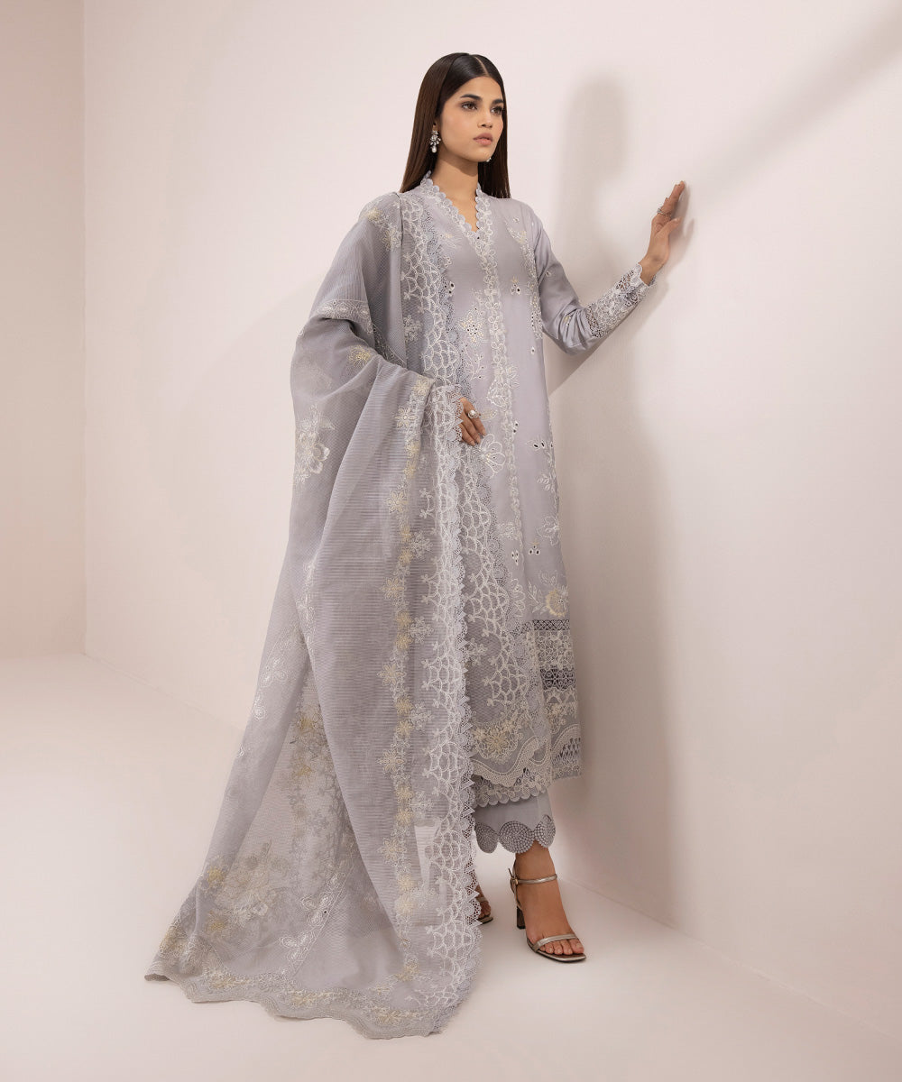 Embroidered Cotton Satin Suit - 3 Piece Set