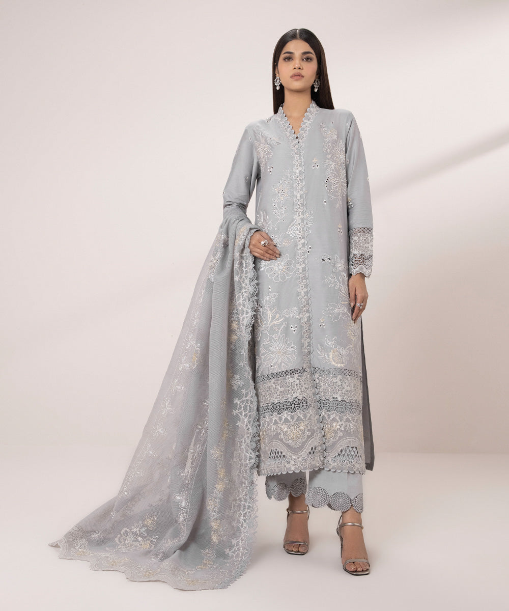 Embroidered Cotton Satin Suit - 3 Piece Set