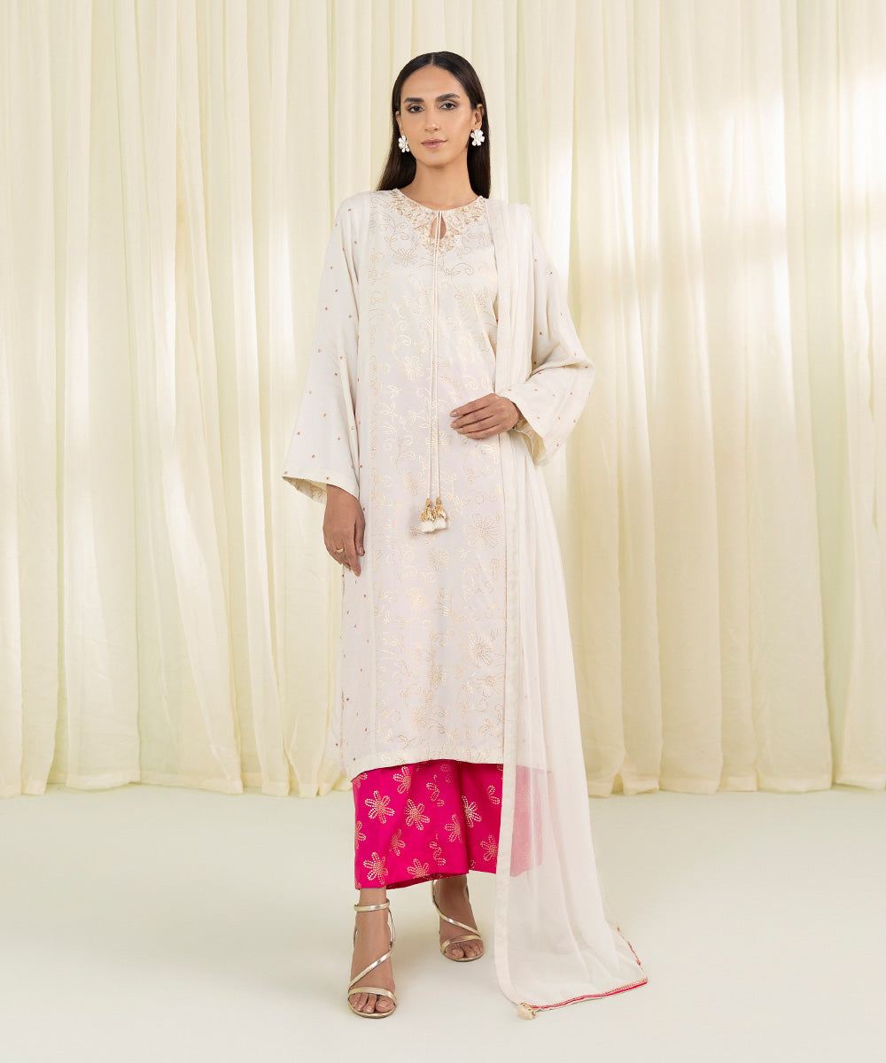 Embroidered Raw Silk Suit - 3-Piece Set