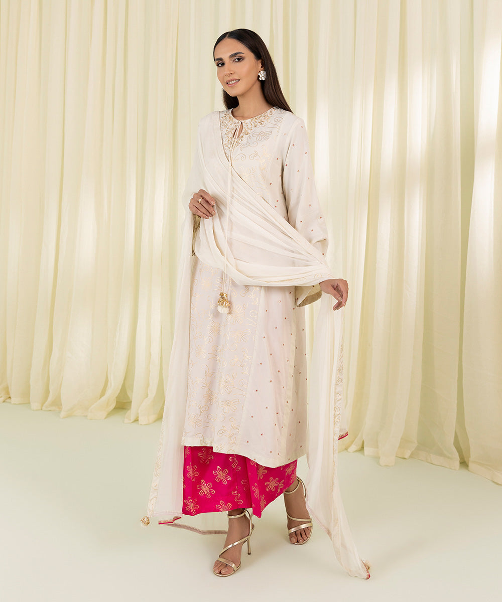 Embroidered Raw Silk Suit - 3-Piece Set