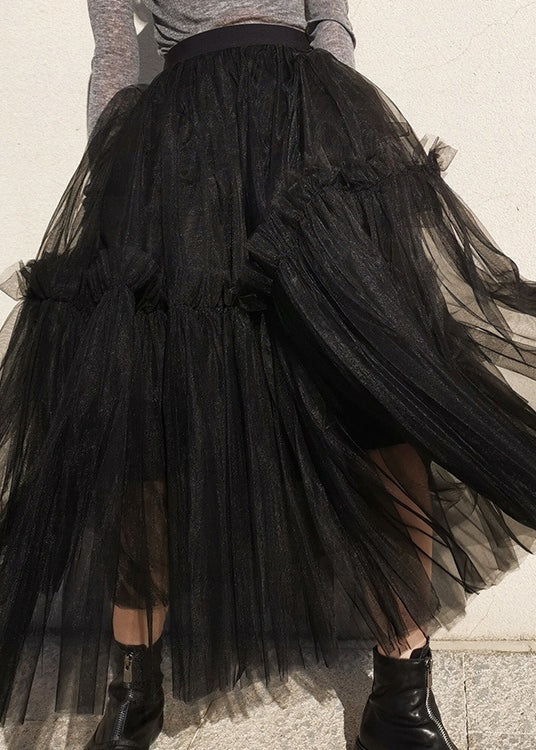 French Black High Waist Ruffled Tulle Skirts for Summer