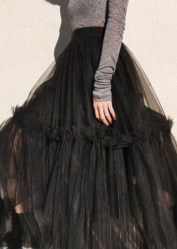 French Black High Waist Ruffled Tulle Skirts for Summer