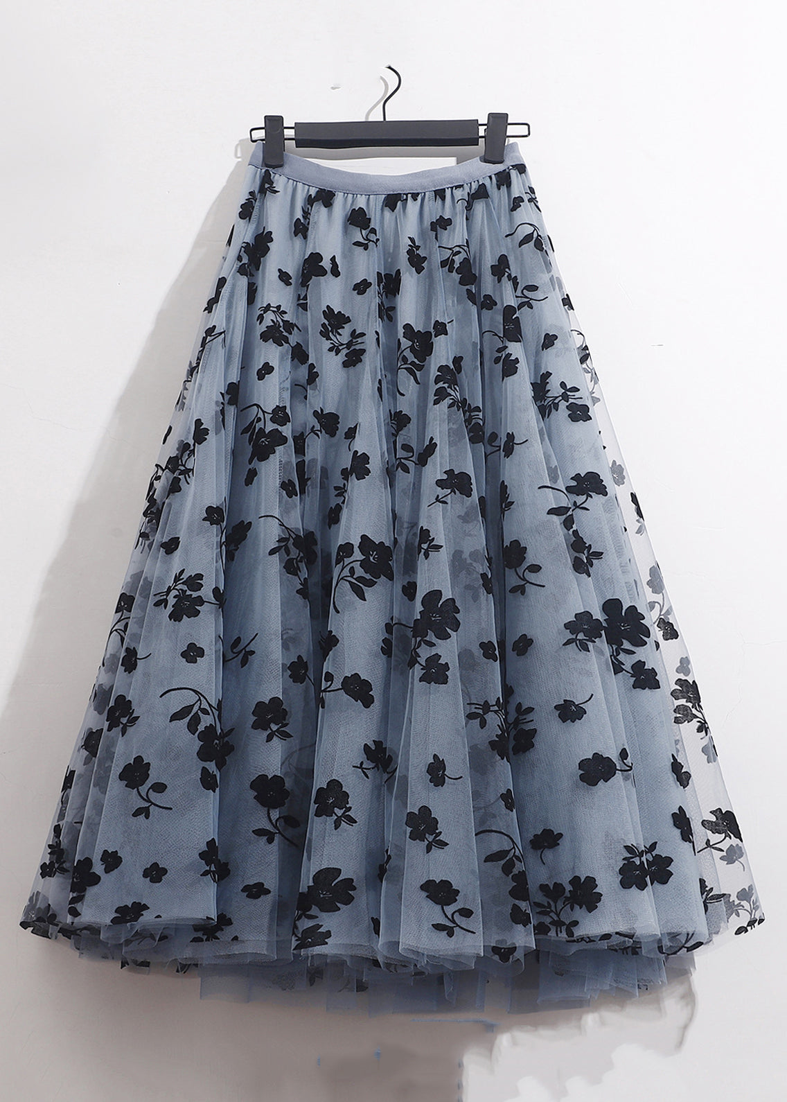 French Blue Floral Tulle Skirt with Elastic Waist for Summer AS1066