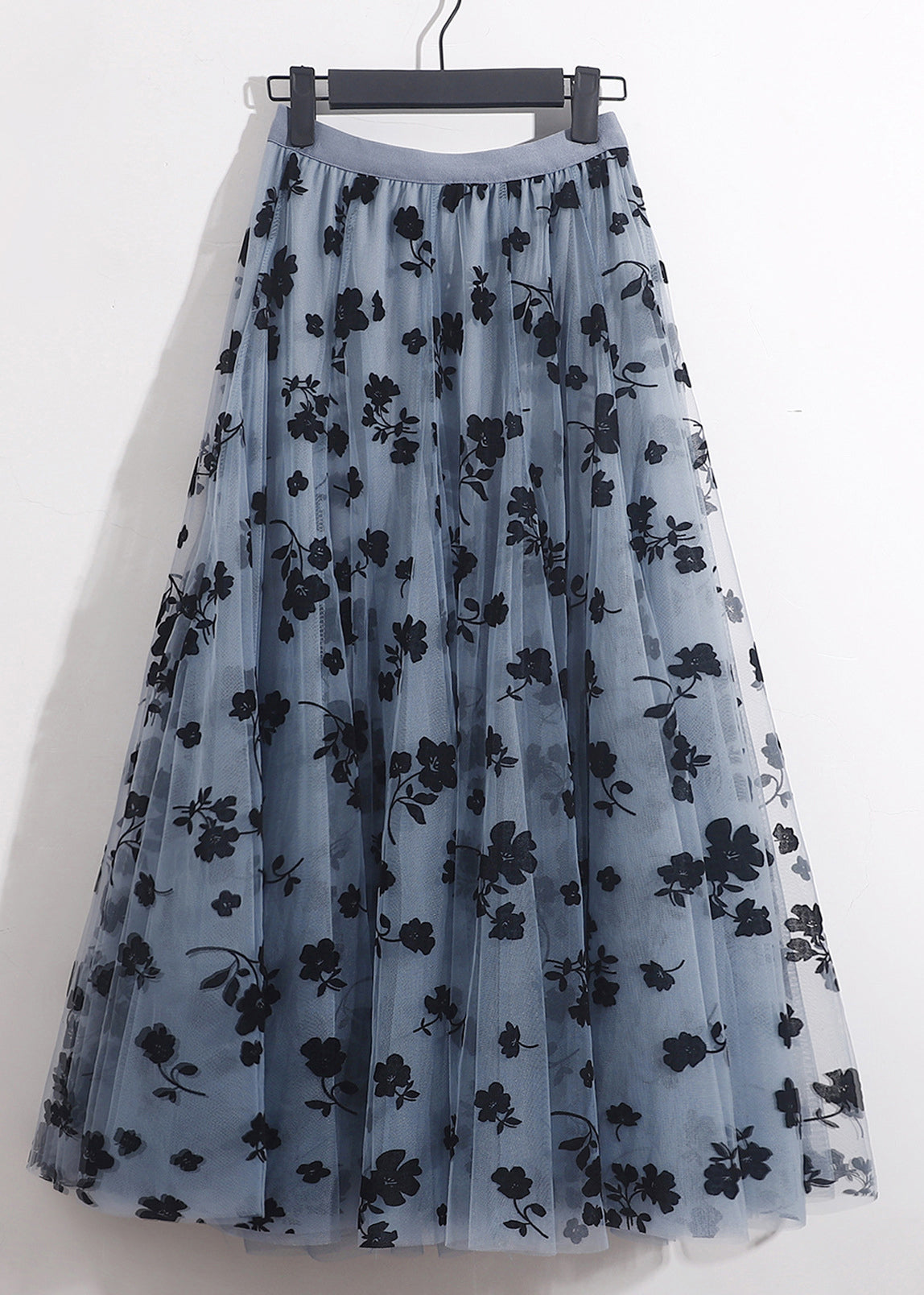 French Blue Floral Tulle Skirt with Elastic Waist for Summer AS1066