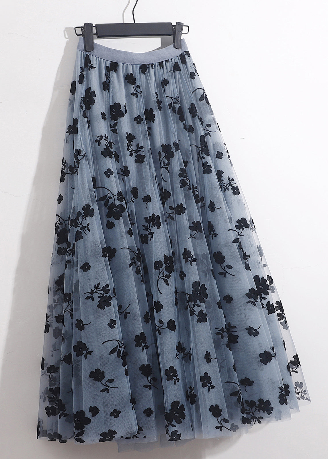 French Blue Floral Tulle Skirt with Elastic Waist for Summer AS1066