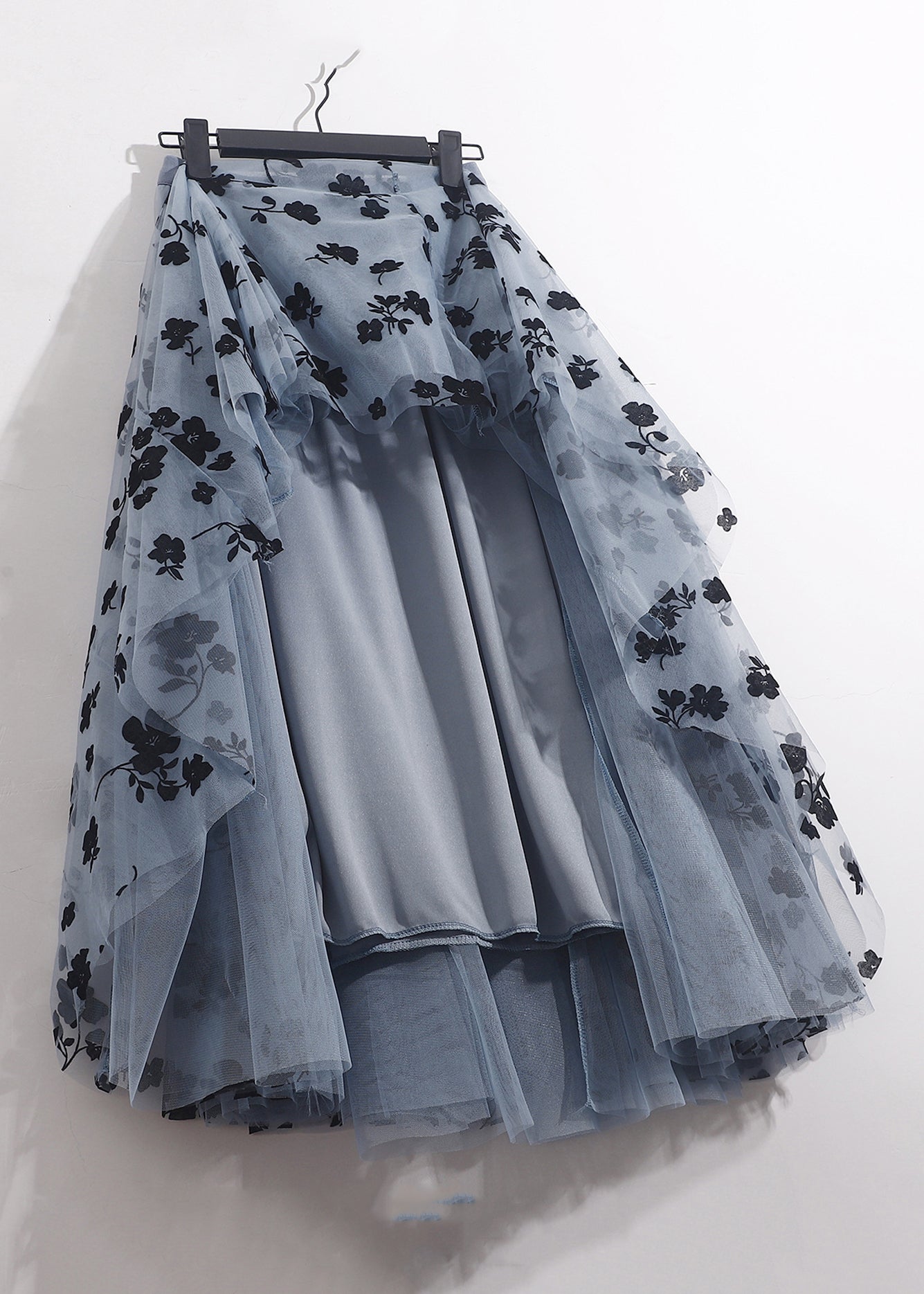 French Blue Floral Tulle Skirt with Elastic Waist for Summer AS1066