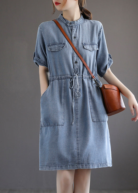 French Blue Tie Waist Denim Dresses Summer