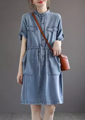 French Blue Tie Waist Denim Dresses Summer