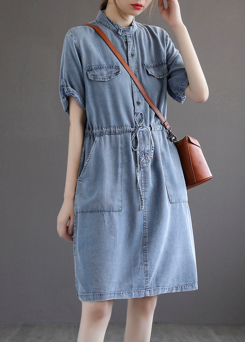 French Blue Tie Waist Denim Dresses Summer