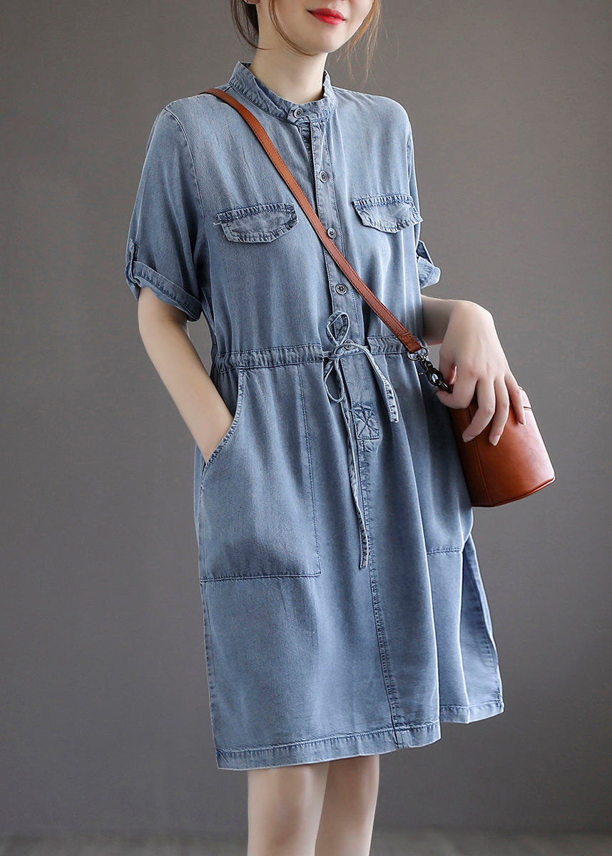 French Blue Tie Waist Denim Dresses Summer