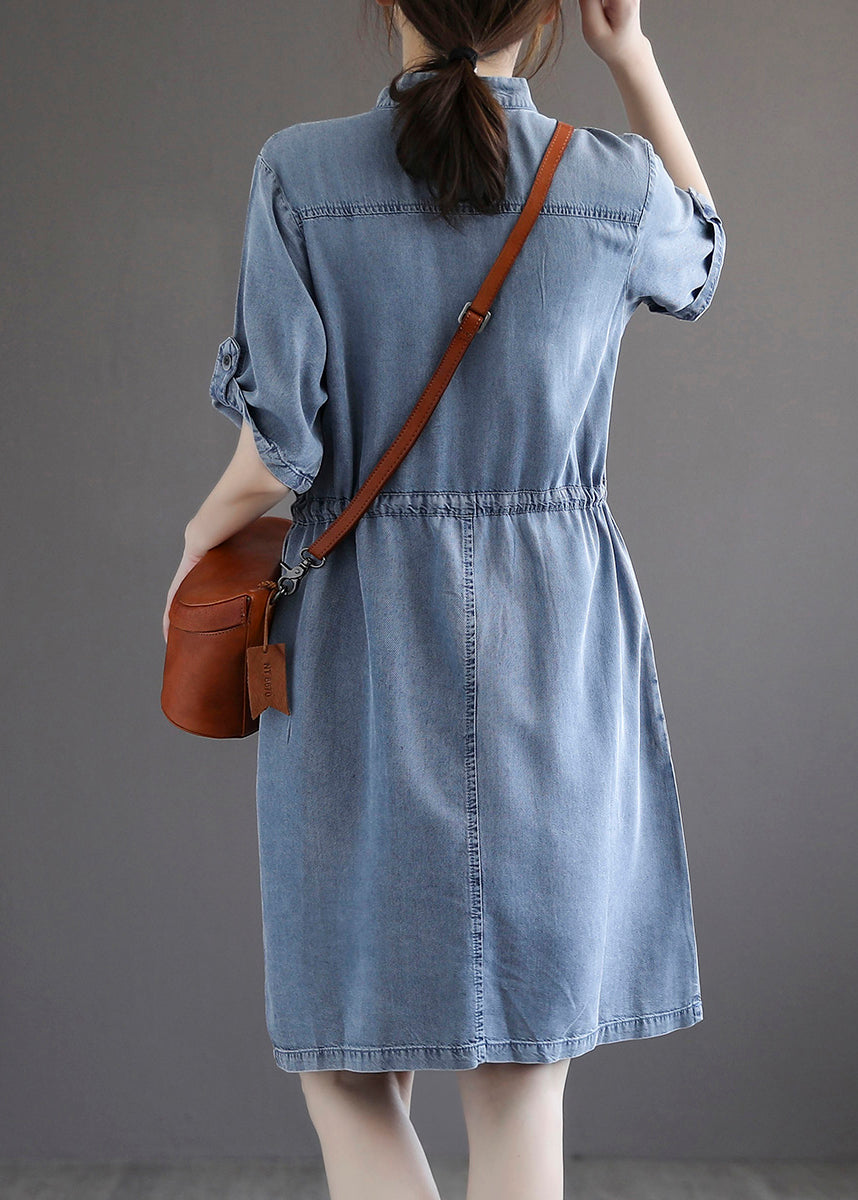 French Blue Tie Waist Denim Dresses Summer